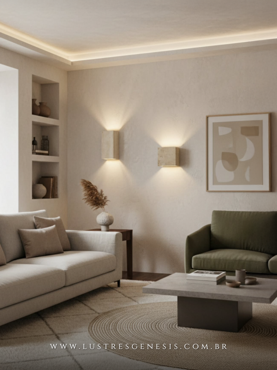 Lumin&aacute;ria de parede quadrada em pedra rocha travertino 12x12cm, modelo arandela Bellagio, ideal para cabeceira de cama, lavabos e hall.